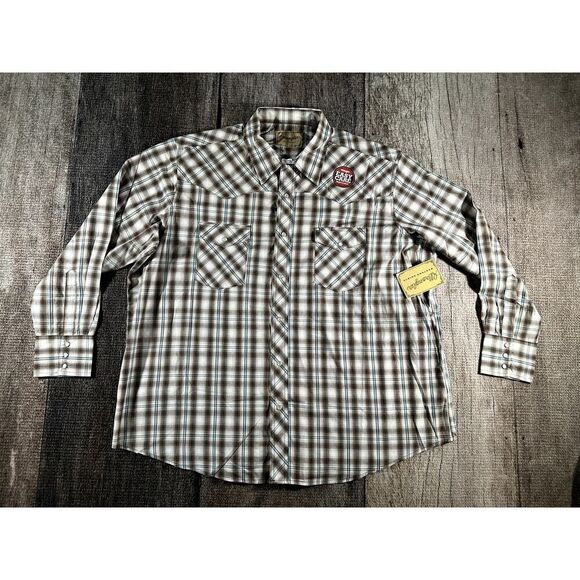 NWT Wrangler Snap Button Down Shirt Men's XXL Brown White Plaid Long Sleeve - Picture 1 of 10